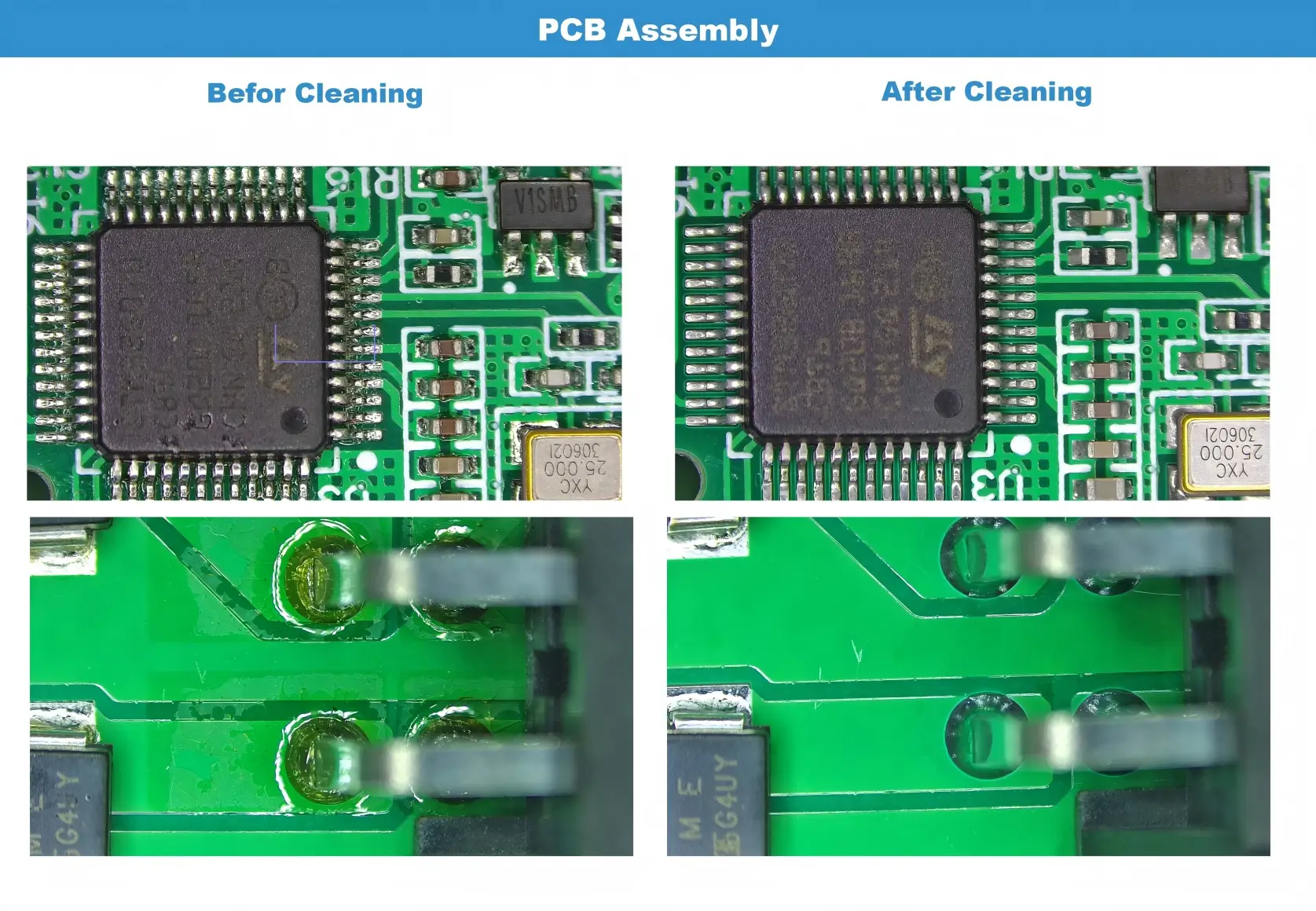 PCB before after cleaning contrast by spertar ac530 pcba cleaning machine